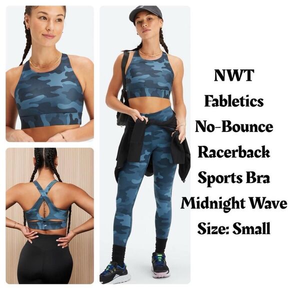 NWT Fabletics No-Bounce Racerback Sports Bra Midnight‎ Wave Camo Size Small - Picture 1 of 13